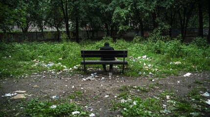 Naklejka premium Contemplating Solitude: Symbolic Image of Economic Hardship with a Lone Figure on Park Bench Amidst Litter and Overgrown Grass in Soft Focus