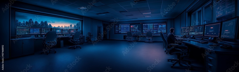 Poster a dimly lit office space at night, featuring multiple desks and computer setups, with a serene blue 