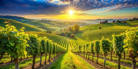 Naklejka premium Sun-kissed vineyard rows bathed in golden light, a picturesque landscape with rolling hills and vibrant greenery, a breathtaking panorama showcasing the beauty of nature's bounty.