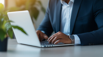 professional man in suit is working on laptop, showcasing focused and productive atmosphere. scene is complemented by green plant, adding touch of nature to workspace.