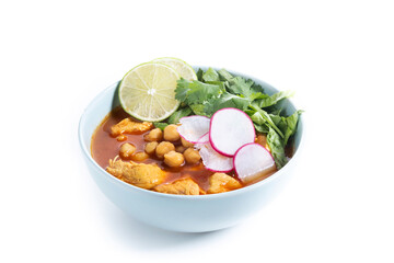 Traditional mexican red pozole soup isolated on white background