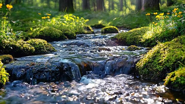 A small stream flows through a lush green forest, sunlight dappling the water.