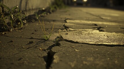 Obraz premium Resilient Growth: Detailed Close-Up of Cracked Sidewalk with Weeds Symbolizing Economic Resilience