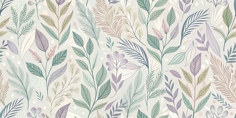 Delicate Botanical Illustration Featuring an Array of  Softly Colored Foliage, Branching Twigs, and Abstract Floral Patterns © Kukar Studio
