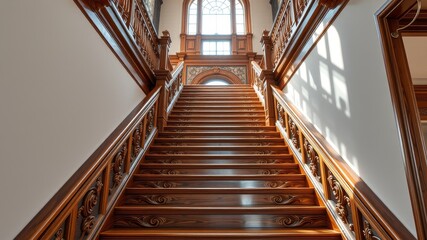 Obraz premium Elegant Wooden Staircase in Luxury Home Interior Design - High Resolution Photography