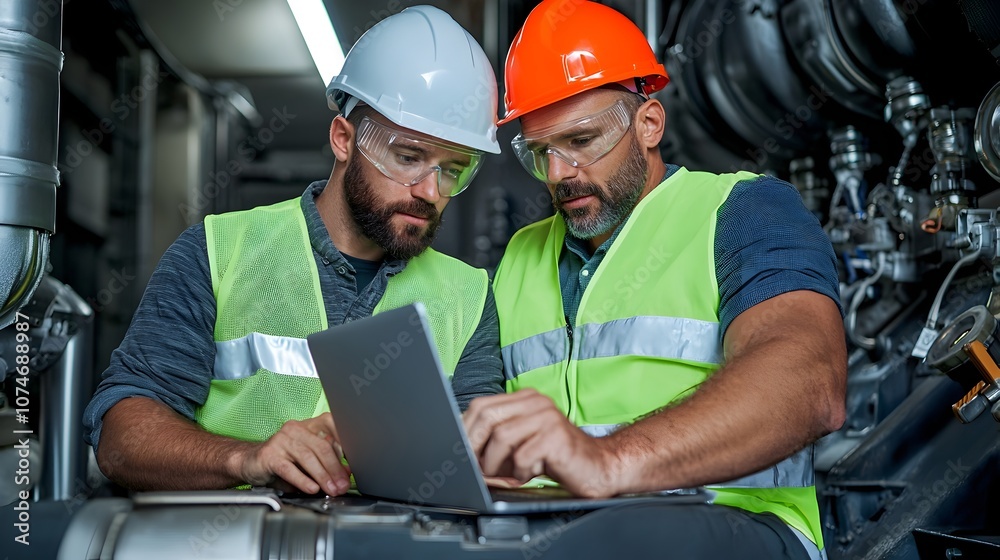 Aufkleber Two engineers wearing reflective vests and safety helmets collaborating on a laptop in an engine room with fair lighting creating a focused work environment