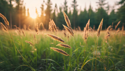 Wild grass in the forest at sunset. Macro image, shallow depth of field. Abstract summer nature background. Vintage filter
