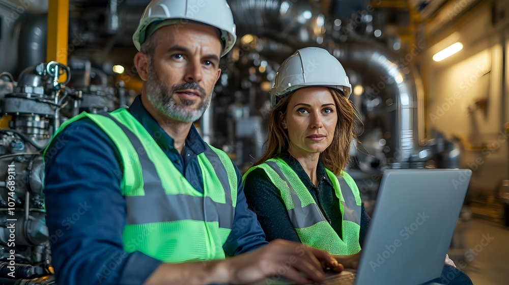 Leinwandbilder Two engineers in reflective vests and safety helmets sitting in front of a laptop discussing and analyzing data in an engine room setting with machinery and equipment in the background