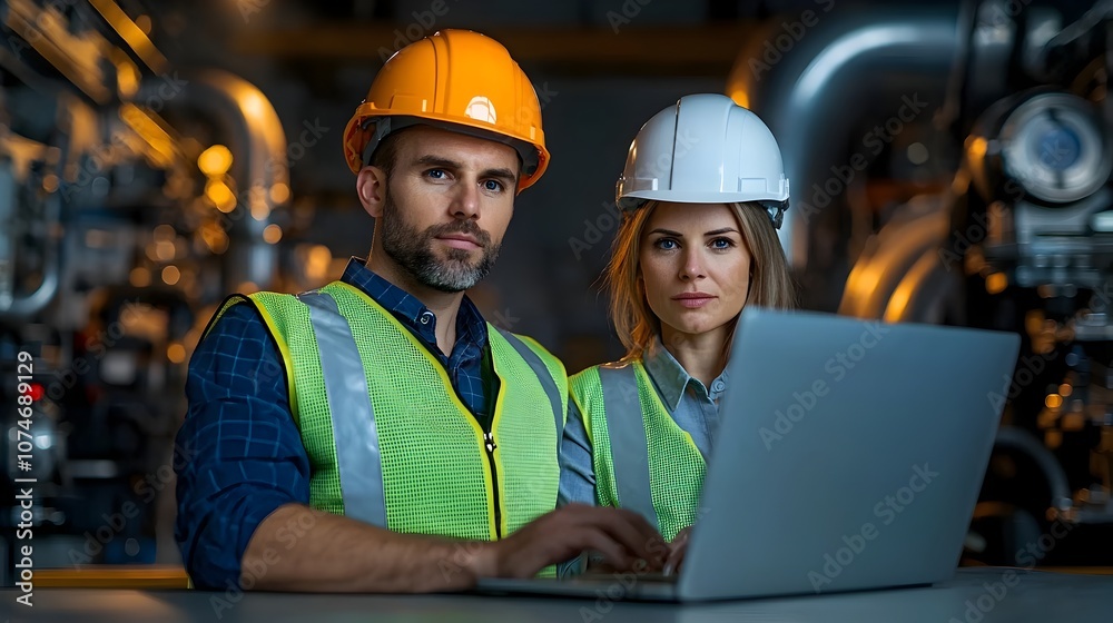 Poster two experienced engineers a man and a woman wearing reflective vests and safety helmets collaboratin