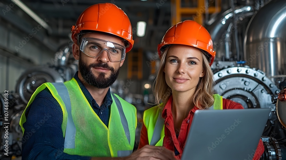 Poster team of male and female engineers wearing reflective vests and helmets working together on a laptop 