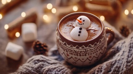 cute marshmallow snowman in cacao cup illustration