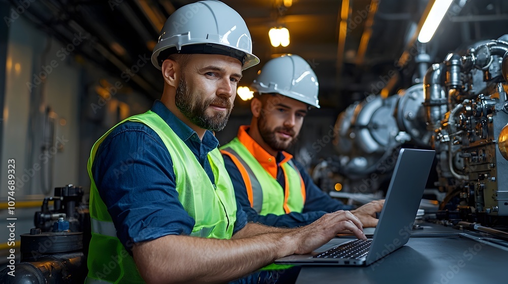 Leinwandbilder a team of engineers wearing reflective vests and helmets sitting in front of a laptop in an engine r