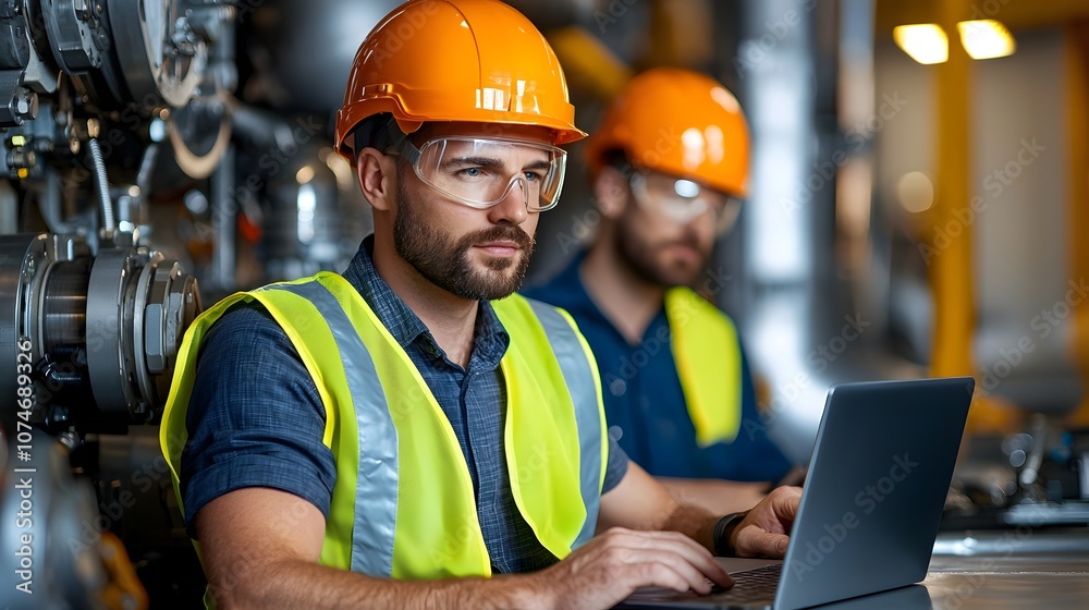 Fototapete Group of engineers wearing reflective vests and helmets sitting together and collaborating on a laptop computer in an engine room or industrial workspace  The area is illuminated by fair
