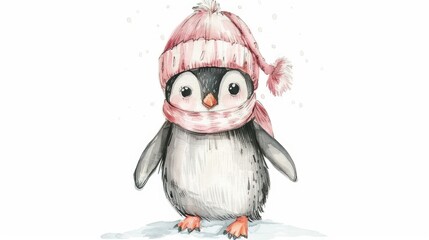 Cute penguin wearing a winter hat and scarf