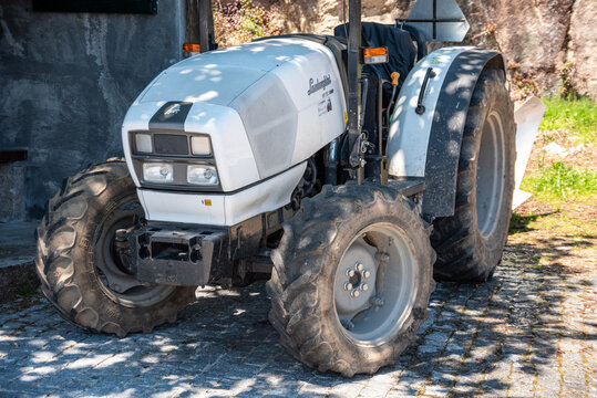 Ermida, Portugal - Mai 23, 2024 - Closeup of a classic white Lamborghini tractor somewhere
