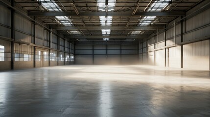 Desolate Industrial Scene: Abandoned Warehouse with Dusty Machinery, Shadows, and Light