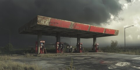 Fototapeta premium Decay of Transportation and Economy: Abandoned Gas Station with Rusting Pumps Under Dramatic Clouds