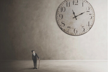 elegant businessman checks time on surreal giant clock, time concept