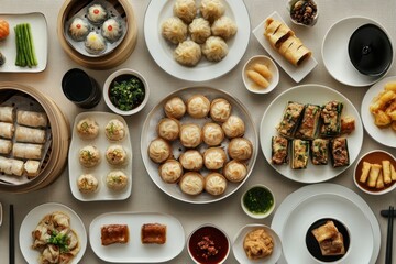 A top-down view of a dim sum spread on a modern table setting with a blank space for text, ideal for commercial use, showcasing the variety and appeal of these Chinese culinary delights