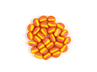 Round gummy candy piles set isolated. Small chewing colorful jellybeans, marmalade cuts, pills