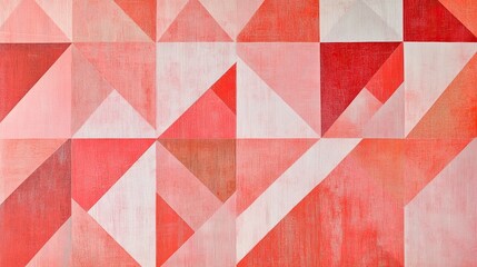 Geometric abstract painting with red and pink triangle patterns