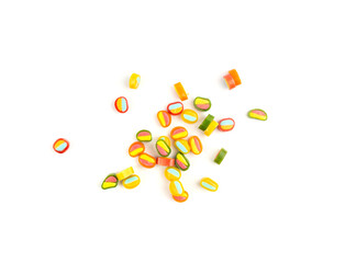 Round gummy candy piles set isolated. Small chewing colorful jellybeans, marmalade cuts, pills