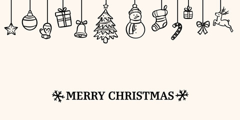 Cartoon Merry Christmas vector greeting background, winter holiday card or invitation template, hand drawn ink illustration doodle wallpaper design