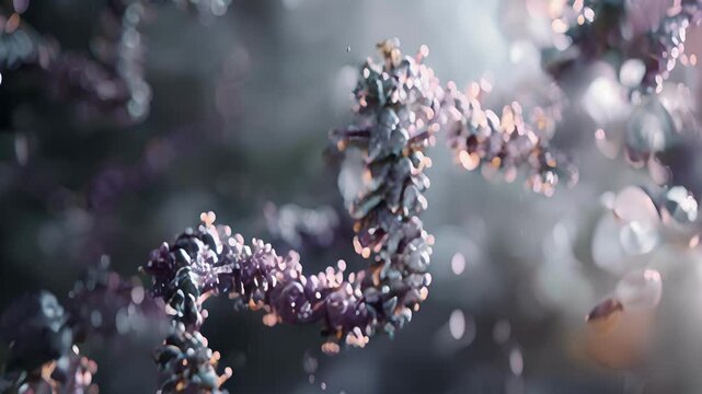 A strand of RNA being formed with complementary nucleotides being added one by one.