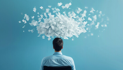 businessman with a cloud of paper hovering above his head