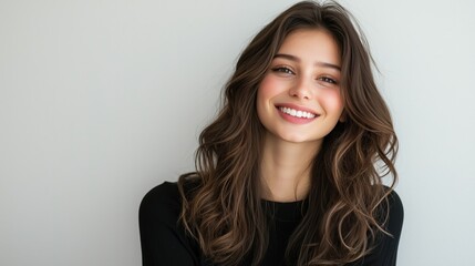 Naklejka premium A young woman with long, wavy brunette hair and a radiant smile, wearing a black outfit, posing against a neutral background