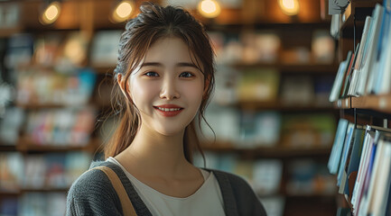 East Asian young female bookstore owner in her early 20s, smiling warmly as to guide a customer.