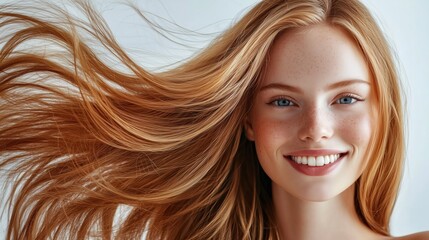 Fototapeta premium A vibrant young woman with bright red flowing hair, radiant skin, freckles, and a cheerful smile, posing against a softly lit neutral background in a close-up portrait.