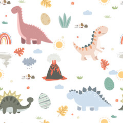 Seamless pattern with dinosaurs, rplants, rainbow, kids nature, Doodle. Vector illustrationwith cute dino world.