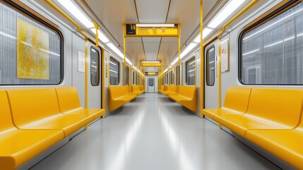 Interior of modern subway train with yellow seats and windows, clean white background. 3D render style.