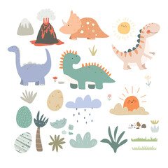 Set with cute dino and plants. Cute animals, plants, eggs kids set with dinosaurs. © Юлия Ткачук