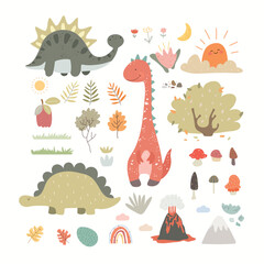 Dinosaurs vector set in cartoon Scandinavian style. A colorful cute children's illustration is perfect for a child's room.