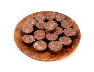 Black pudding isolated, blood sausage kaszanka, traditional Polish terrine, brawn sausages on white