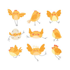 Cute baby chickens set in different poses for easter design. Little yellow cartoon chicks. Vector illustration isolated on white background