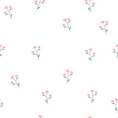 Cute pink flowers on white background. Seamless floral pattern.