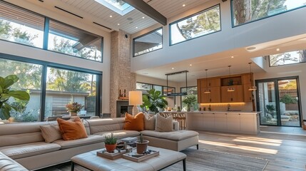 A modern house interior with an Organic Modern aesthetic, featuring Smooth plaster walls and Textured stone for the walls and accents, The High vaulted ceiling with skylights adds character