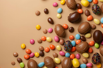 Obraz premium Top view of chocolate eggs and colorful candies on beige background