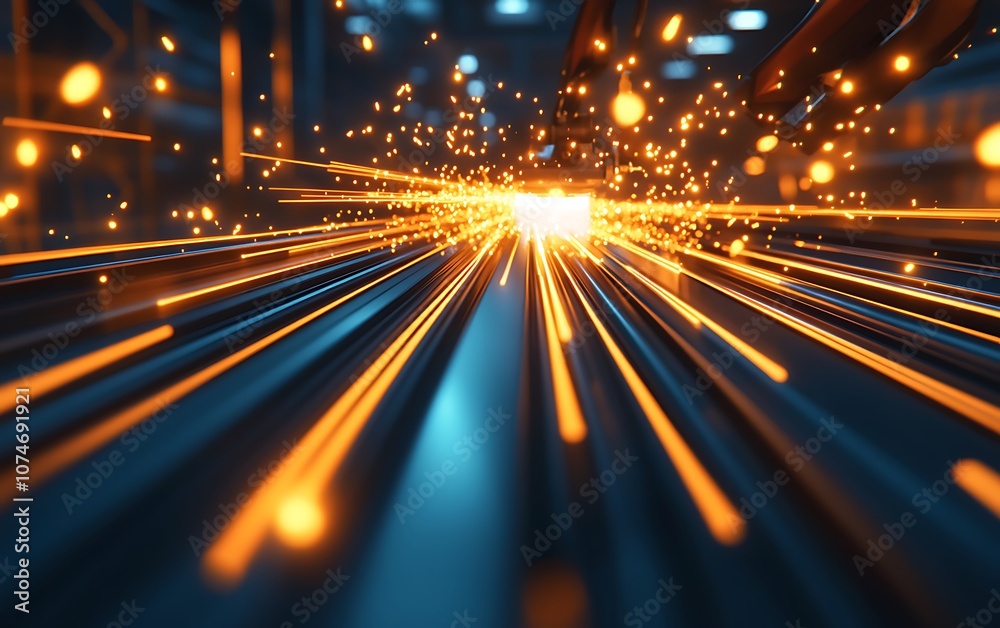 Poster an abstract image showcasing vibrant streaks of light and glowing particles, suggesting movement and