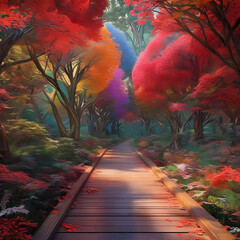 beautiful wooden pathway going the breathtaking colorful trees in a forest