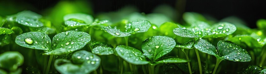 Vibrant green clover leaves glistening with raindrops, symbolizing freshness and nature's beauty in a lush garden setting.