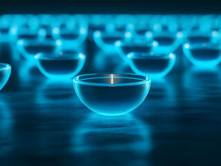 A serene arrangement of glowing blue bowls with candles, creating a calm and tranquil atmosphere, set against a softly lit background.