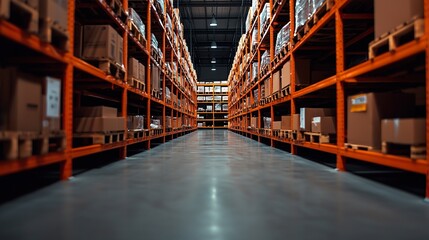 Fototapeta premium image captured from the bottom of some shelves full of packages from a freight company.