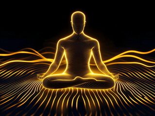 A glowing, meditative figure surrounded by flowing lines of light, symbolizing tranquility, energy, and spiritual connection.