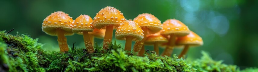 Vibrant orange mushrooms sprouting from lush green moss in a serene forest environment, capturing the essence of nature's beauty.