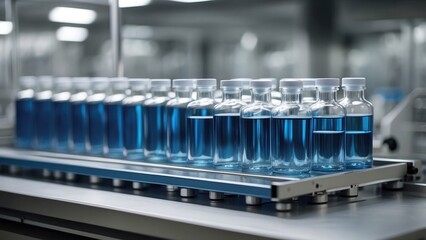 In a contemporary facility, a pharmaceutical manufacturing line is creating vials containing blue liquid.-