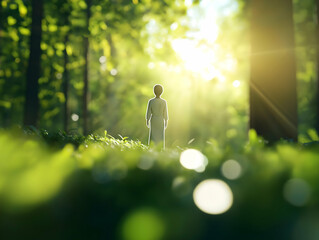 A serene figure stands in a sunlit forest, surrounded by vibrant greenery and soft bokeh light, evoking tranquility and connection with nature.